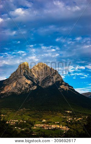 Pedraforca Mont On Cloudy Day With High Contrast Colors