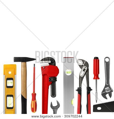 Many Different Construction Tools On White Background, Top View