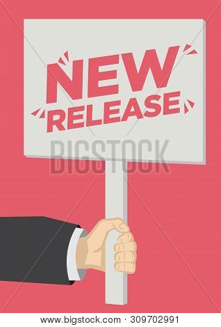 Retail Sale New Release Shoutout With A Placard Banner Against A Red Background. Concept Of Sales, C