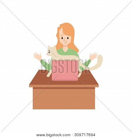 Woman Works On A Laptop And A Cat Tries To Get Attention Flat Vector Illustration.