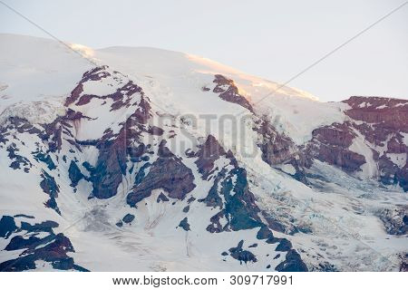 Mount Rainier Summit And Nisqually Glacier At Mount Rainier National Park, Washington State, Usa