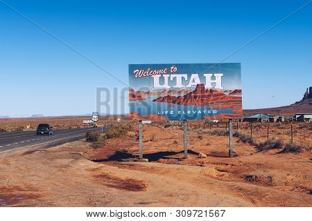 Oljato - Monument Valley, Utah, Usa - October 19, 2018 : Welcome To Utah State Sign Situated Along U