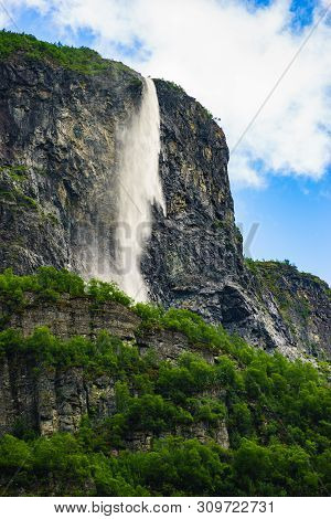 Kjelfossen Waterfalls Kjell Falls Seen From Gudvangen Village, Sogn Og Fjordane, Norway. Waterfall I
