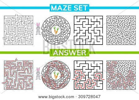 Maze, Labyrinth Conundrum For Kids. Maze Set, Collection Labyrinth. Children Puzzle Game. Vector Sto
