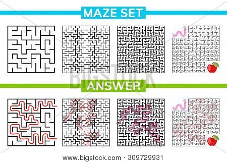Maze, Labyrinth Conundrum For Kids. Maze Set, Collection Labyrinth. Children Puzzle Game. Vector Sto