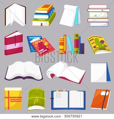 Books Vector Opened Diary Story-book And Notebook On Bookshelves In Library Or Bookstore Illustratio