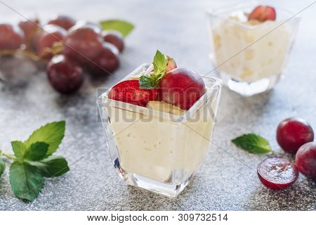 Panakota Sweet Grape Dessert Classic Refreshment. Delicious Vanilla Cooked Cream Yogurt With Fruit T