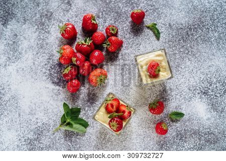 Strawberry Panakota Italian Cool Tasty Dessert . Fresh Meal Aromatized Cooked Sweetened Cream With R