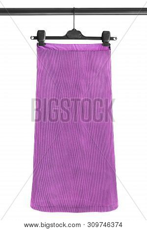 Pink Midi Skirt Hanging On Clothes Rack Isolated Over White