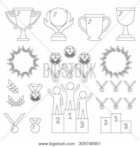 Collection Of Sport Awards. Outline Icons Of Trophies, Medals, Pedestal, Laure Frames, Coins. First,