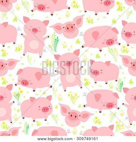 Cute Seamless Pattern With Heerful Little Fun Pigs, In Various Poses, On The Floral Glade, Isolated 