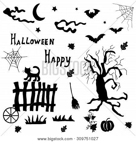 Halloween Silhouettes. Scary Spider Web Background. Vector Illustration Set. Vector Hand Drawing.