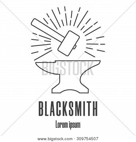 Line Style Icon Of A Hammer And Anvil. Blacksmith, Repair Logo. Clean And Modern Illustration.