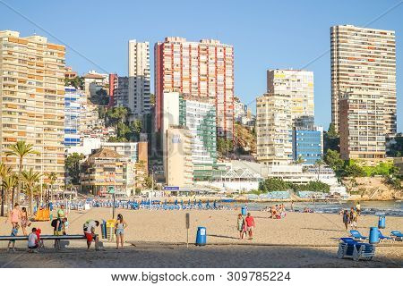 Benidorm, Spain, 15 June, 2019: View Of Benidorm Beach Full Of People In Benidorm, Spain