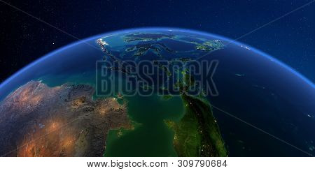 Planet Earth With Detailed Exaggerated Relief At Night Lit By The Lights Of Cities. Southeast Asia. 