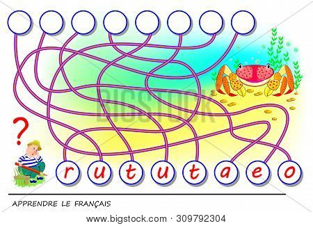 Learn French. Logic Puzzle Game With Cute Crab For Study French Language. Find The Correct Places Fo