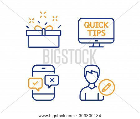Present Box, Web Tutorials And Phone Survey Icons Simple Set. Edit Person Sign. Sale Offer, Quick Ti