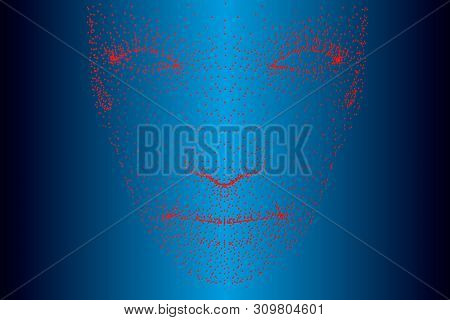 Projection Of The Face Of A Person Consisting Of Red Dots. Front View. Vector Illustration