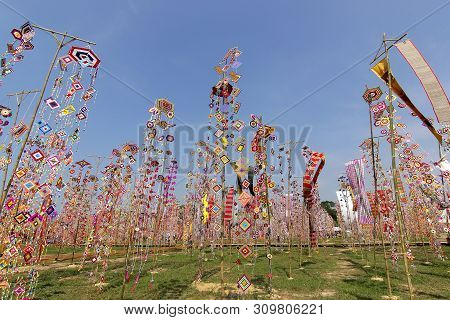 Colorful Tung Flag As Background, Tung Flag Of Isan Kalasin Thailand