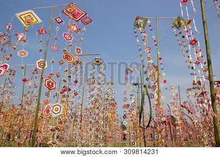 Colorful Tung Flag As Background, Tung Flag Of Isan Kalasin Thailand