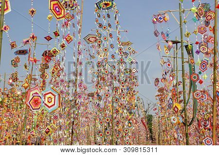 Colorful Tung Flag As Background, Tung Flag Of Isan Kalasin Thailand