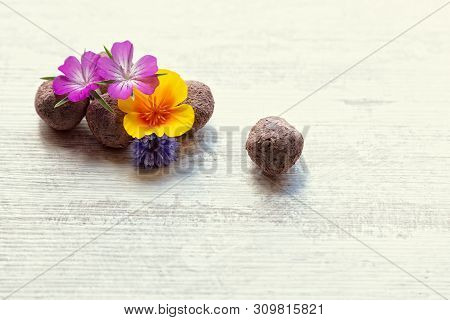 Seed Balls Or Seed Bombs With Various Blossoms On A White, Wooden Background