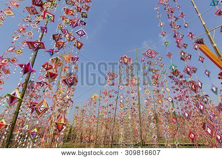Colorful Tung Flag As Background, Tung Flag Of Isan Kalasin Thailand