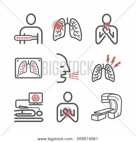 Lung Cancer. . Symptoms, Causes, Treatment. Line Icons Set. Vector Signs For Web Graphics.