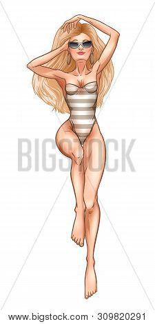 Young Beautiful Blonde Woman In Swimsuit. Beach Girl Pin-up, Bikini, Summer Holidays. Glamour Model.