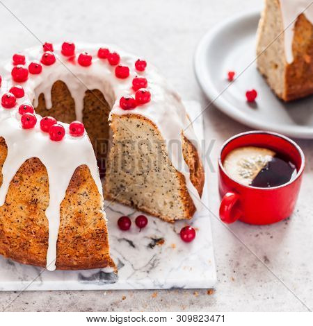 Sliced Lemon Poppy Seed Bundt Cake With Sugar Glaze And Redcurrant, Square
