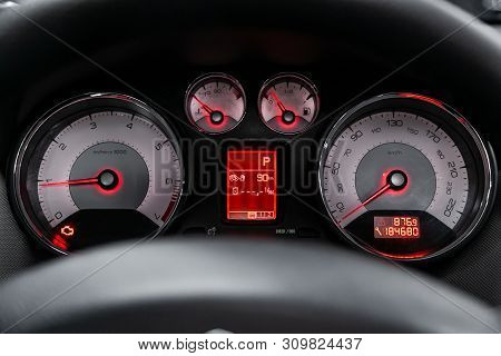 Novosibirsk, Russia - June 28, 2019: Peugeot 308,close-up Of The Dashboard, Speedometer And Tachomet