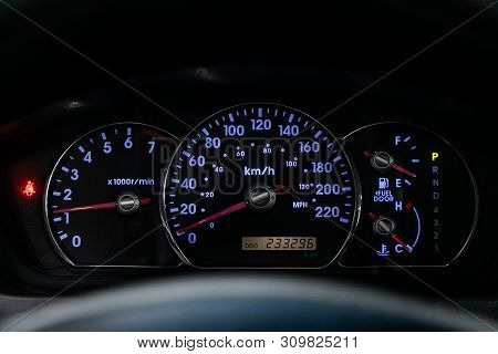 Novosibirsk, Russia - June 28, 2019: Mitsubishi Galant, Close-up Of The Dashboard, Speedometer And T