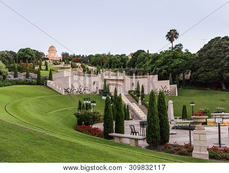 Haifa, Israel, July 04, 2019 : Sunset View From The Lower Entrance To The Bahai Garden In Haifa City