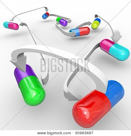 Verscheidene verschillende gekleurde capsules en pillen zijn verbonden met pijlen om te laten zien van interacties van dokter