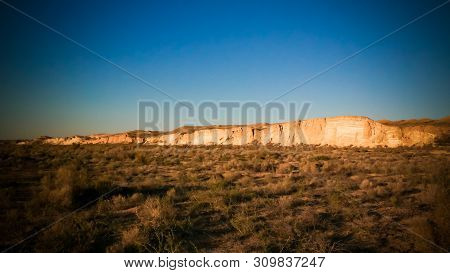 Panorama View To Plateau Ustyurt From The Edge Of Aral Sea Near Aktumsuk Cape At Sunrise In Karakalp