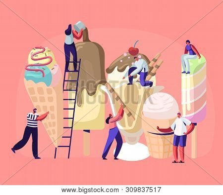 Tiny Characters On Ladders Decorate Ice Cream. Summer Time Food, Delicious Sweet Dessert, Cold Meal.