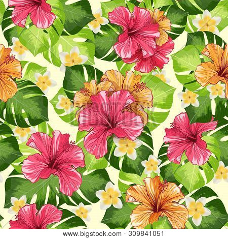 Hawaiian Hibiscus Fragrance Flower And Monstera Leaves Vector Seamless Pattern. Mallow Chinese Rose 