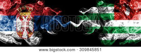 Serbia Vs Abkhazia, Abkhazian Smoky Mystic Flags Placed Side By Side. Thick Colored Silky Smokes Com