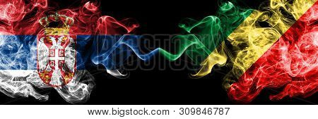Serbia Vs Congo, Congolese Smoky Mystic Flags Placed Side By Side. Thick Colored Silky Smokes Combin