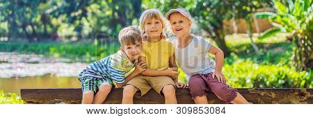 Children Rest During A Hike In The Woods Banner, Long Format