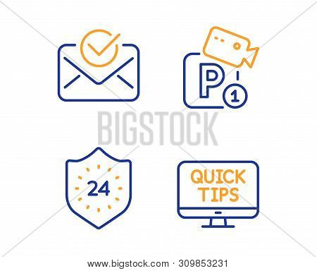 Approved Mail, Parking Security And 24 Hours Icons Simple Set. Web Tutorials Sign. Confirmed Documen