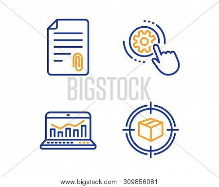 Cogwheel Settings, Attachment And Web Analytics Icons Simple Set. Parcel Tracking Sign. Engineering 