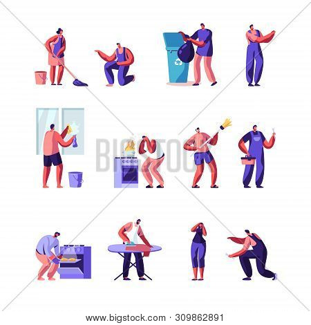 Householders Characters Cleaning Home , Repair Masters Set. People Everyday Routine, Specialists Fix