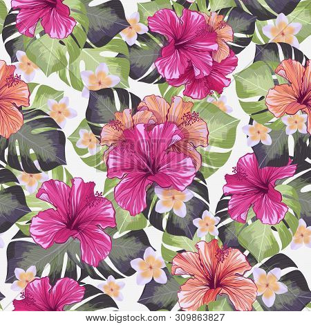 Hawaiian Hibiscus Fragrance Flower And Monstera Leaves Seamless Pattern. Mallow Chinese Rose Flora A