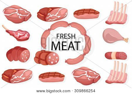 Meat Set Vector. Pastrami, Salami And Saussage Flat Styles