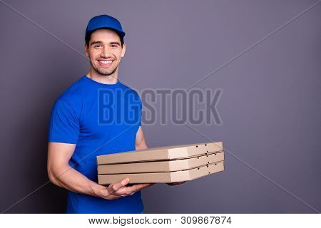 Close Up Side Profile Photo Express Specialist He Him His Deliveryboy Hold Strong Arms Three Parcel 