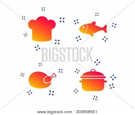 Chief Hat And Cooking Pan Icons. Fish And Chicken Signs. Boil Or Stew Food Symbol. Random Dynamic Sh