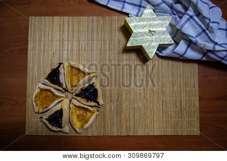Hamantash Purim Blueberry And Apricot Jam Cookies With Wooden Table Background And David Star Shape