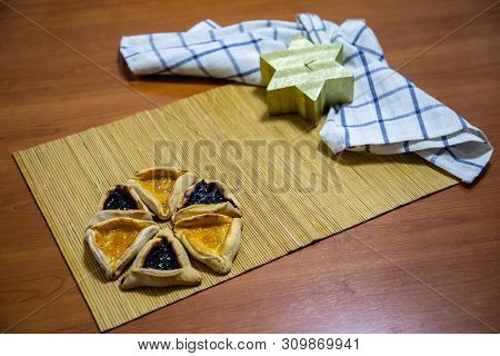 Hamantash Purim Blueberry And Apricot Jam Cookies With Wooden Table Background And David Star Shape