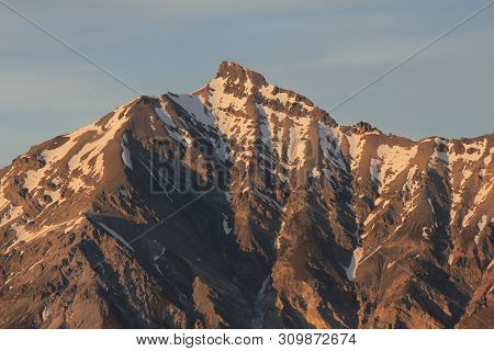 Lenzer Horn Just Before Sunset. Hugh Mountain In The Canton Of Grisons, Switzerland.